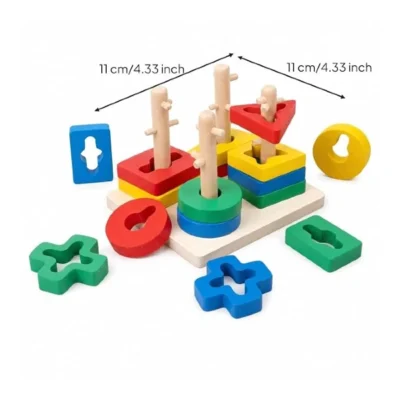 drvena igrachka za redenje formi so shareni geometriski elementi