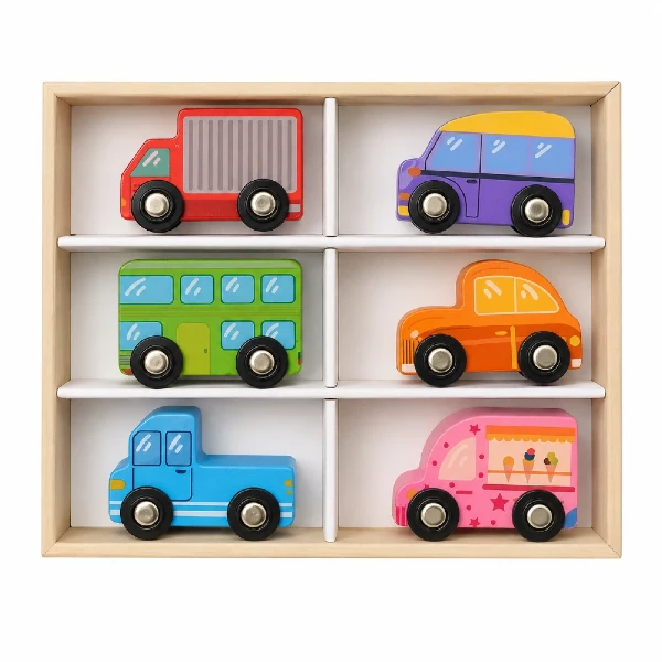 drveni vozila za deca vo kutija so shest shareni modeli i podvizhni trkala
